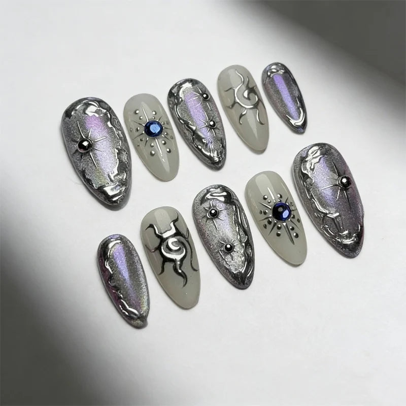 Press-On Nail Set Metallic Mirror Rhinestones Glue Included