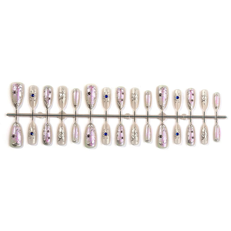 Press-On Nail Set Metallic Mirror Rhinestones Glue Included