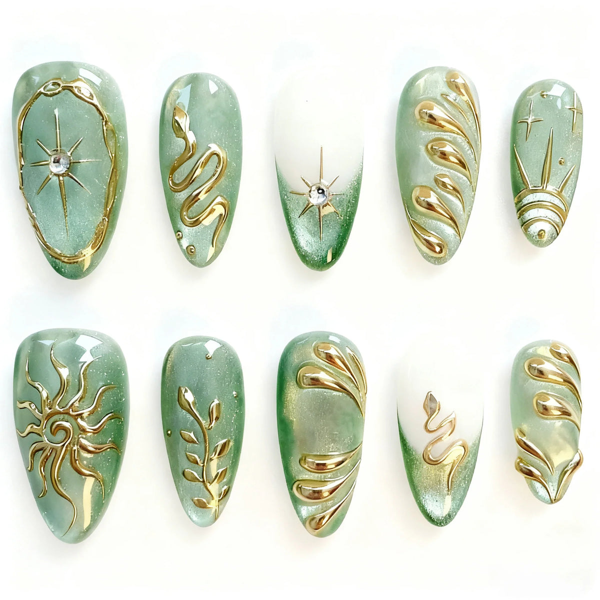 Press-On Nail Set Metallic Patterns Easy Application & Reusable