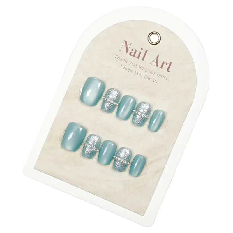 Press-On Nail Set Mint Blue Shimmering Gloss Peel-Off Adhesive