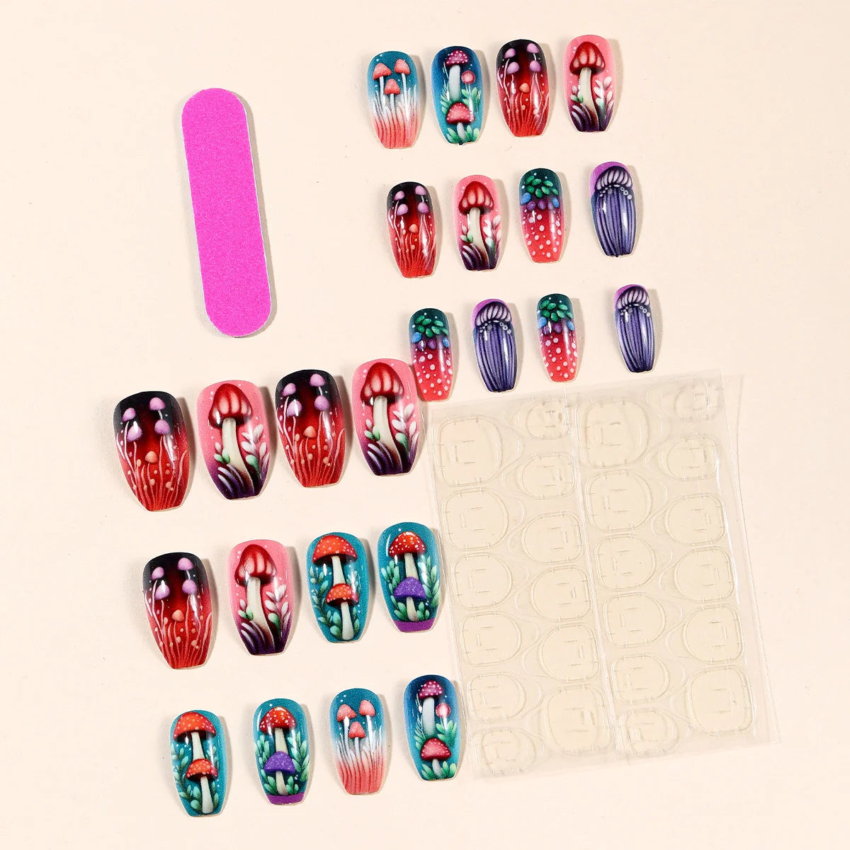 Press-On Nail Set Mushroom Floral Durable Acrylic