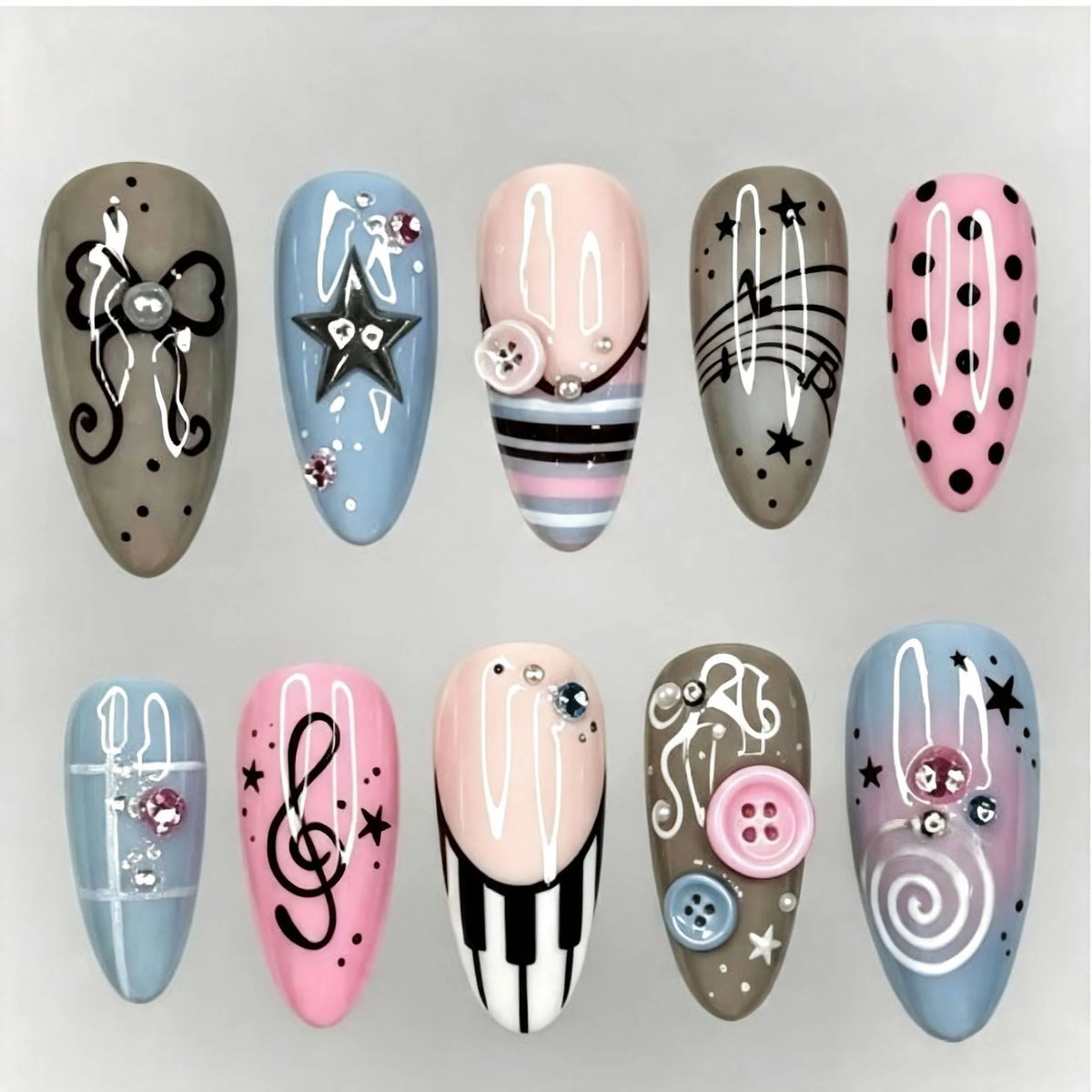 Press-On Nail Set Musical Note Design Easy-Apply & Reusable