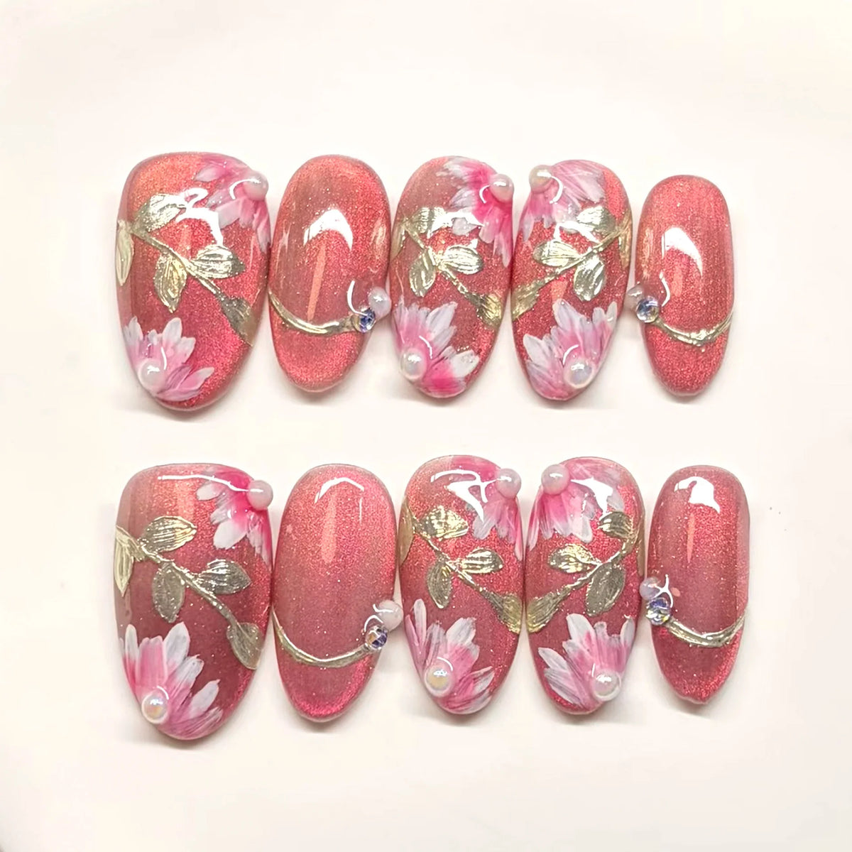 Press-On Nail Set No Glue Floral Design Gem Accents