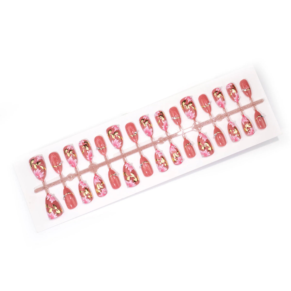 Press-On Nail Set No Glue Floral Design Gem Accents