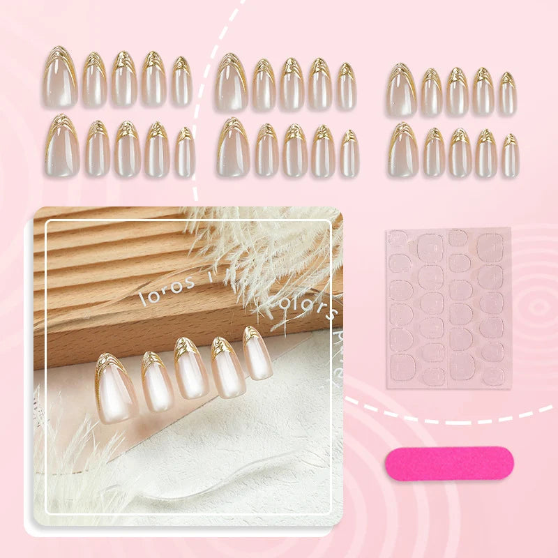 Press-On Nail Set No Glue Nude Gold Accents