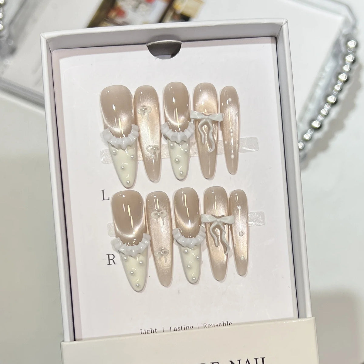 Press-On Nail Set Nude Pearl Accents Reusable