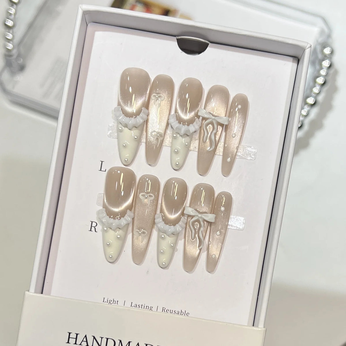 Press-On Nail Set Nude Pearl Accents Reusable