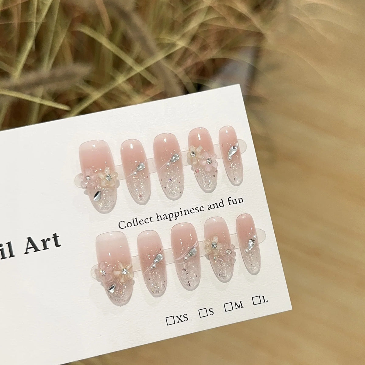 Press-On Nail Set Nude Pink Floral & Shimmer