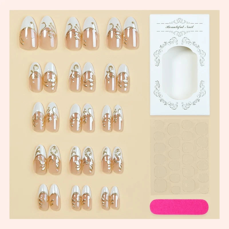 Press-On Nail Set Nude With Gold Accents & Adhesive Pads