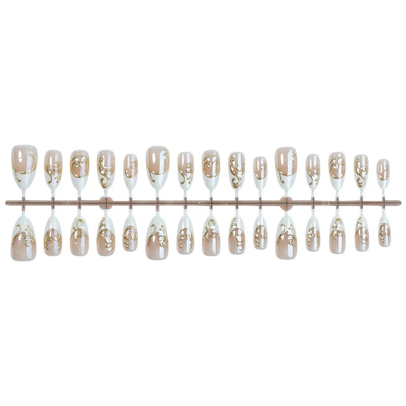 Press-On Nail Set Nude With Gold Accents & Adhesive Pads