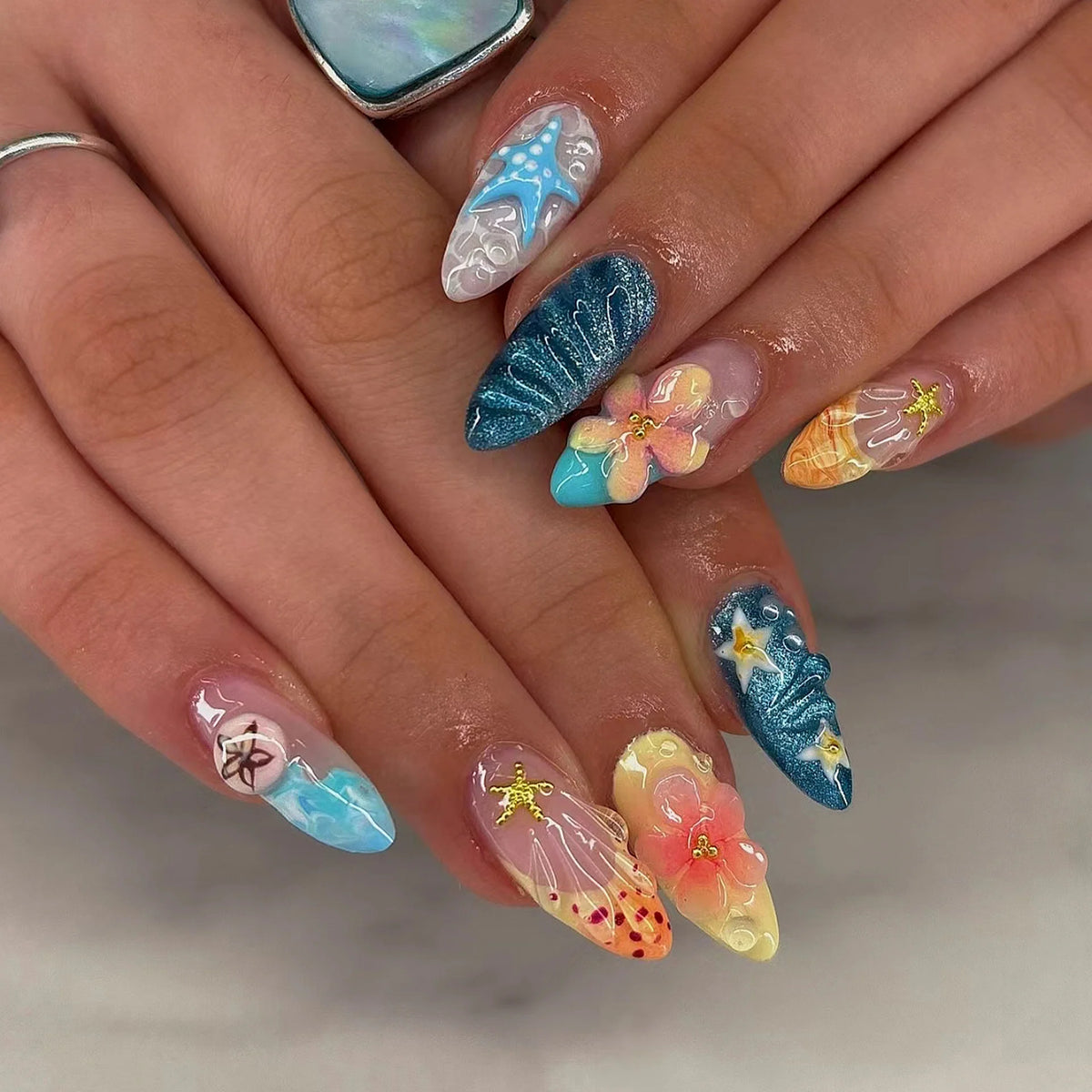Press-On Nail Set Ocean Floral Strong Adhesive & Reusable