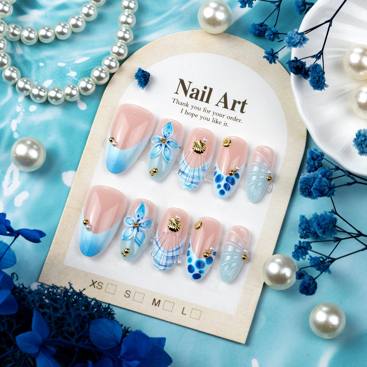 Press-On Nail Set Ocean-Inspired Reusable Long-Lasting