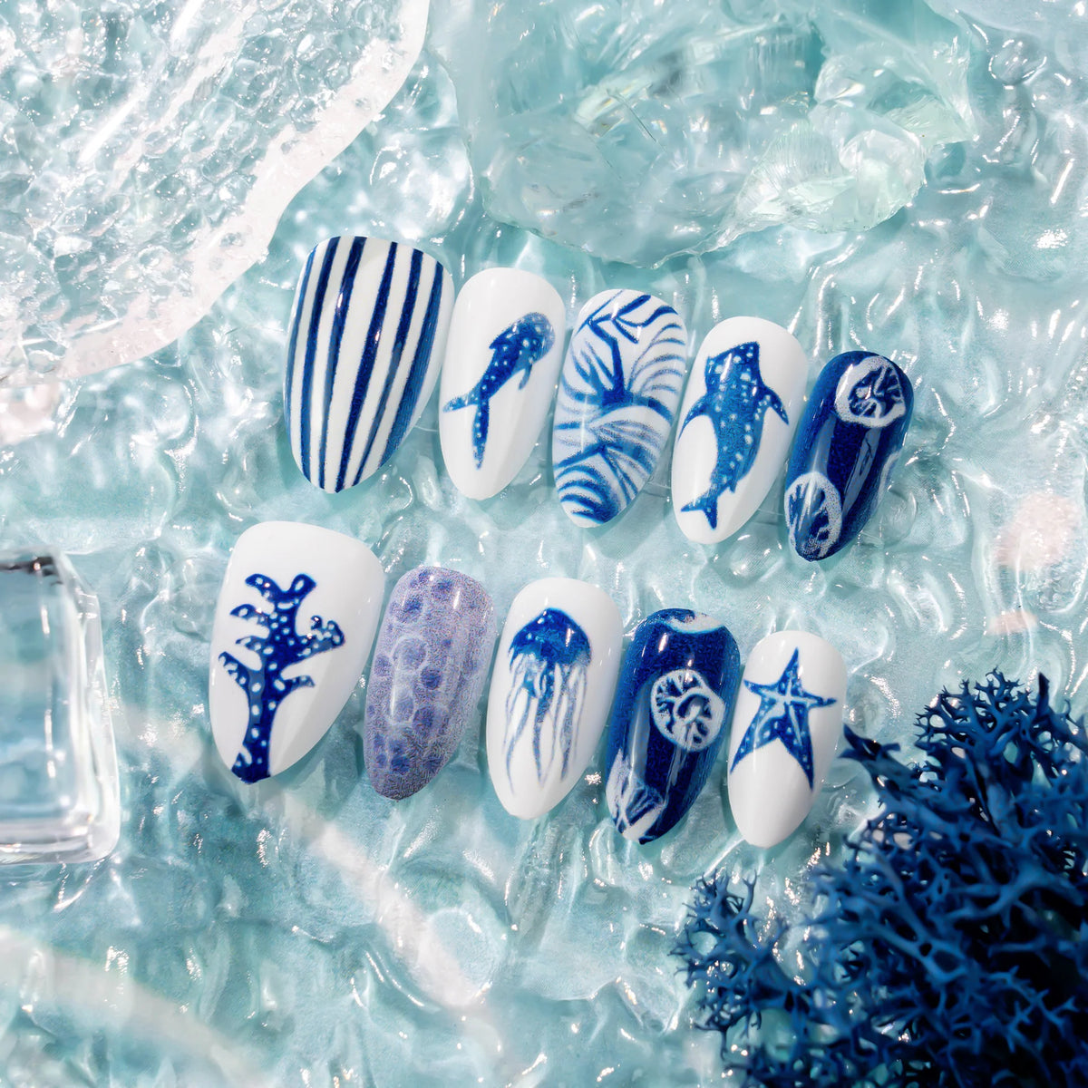 Press-On Nail Set Ocean-Themed Chip-Resistant Easy Application