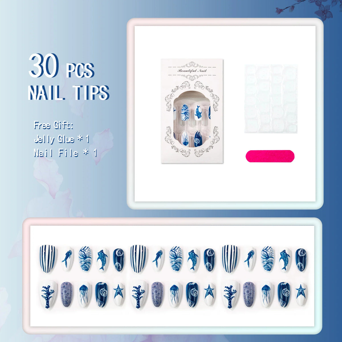 Press-On Nail Set Ocean-Themed Chip-Resistant Easy Application