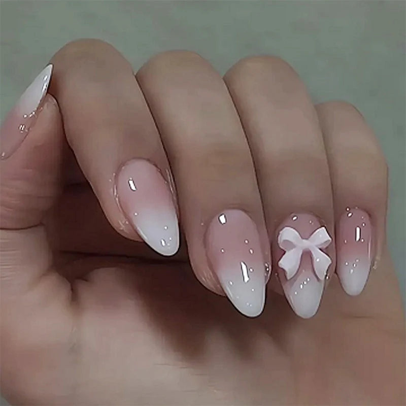 Press-On Nail Set Ombre Gradient & 3D Bow