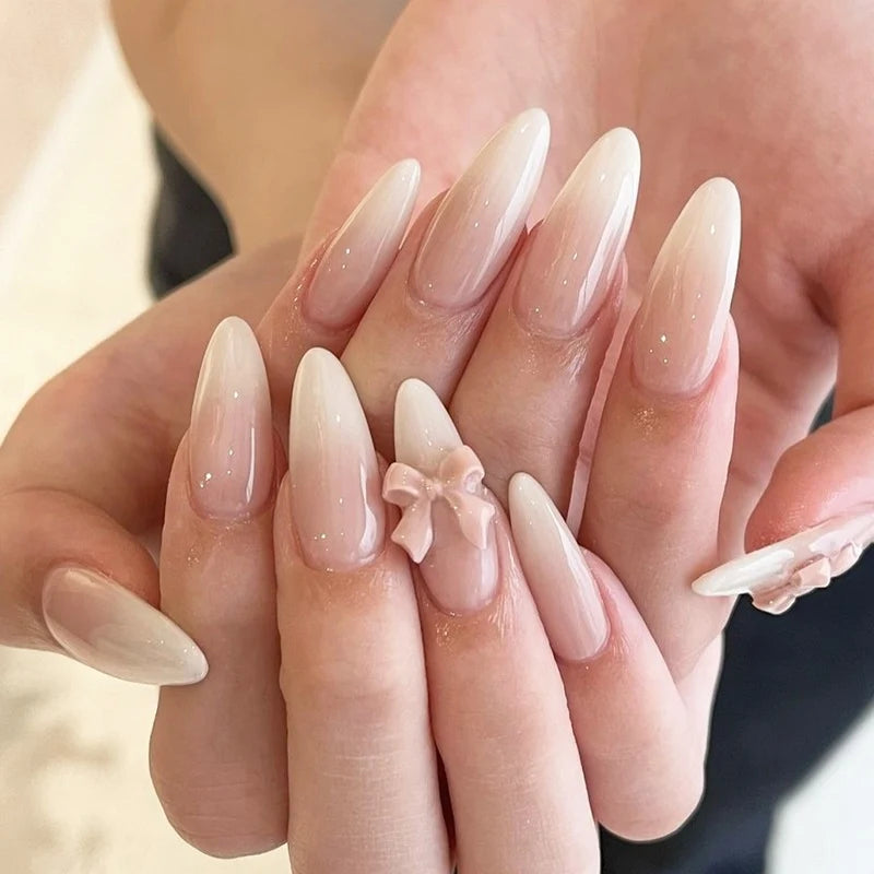 Press-On Nail Set Ombre Gradient & Bow Accents