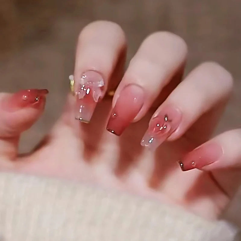Press-On Nail Set Ombre Peach Sparkle Quick Apply
