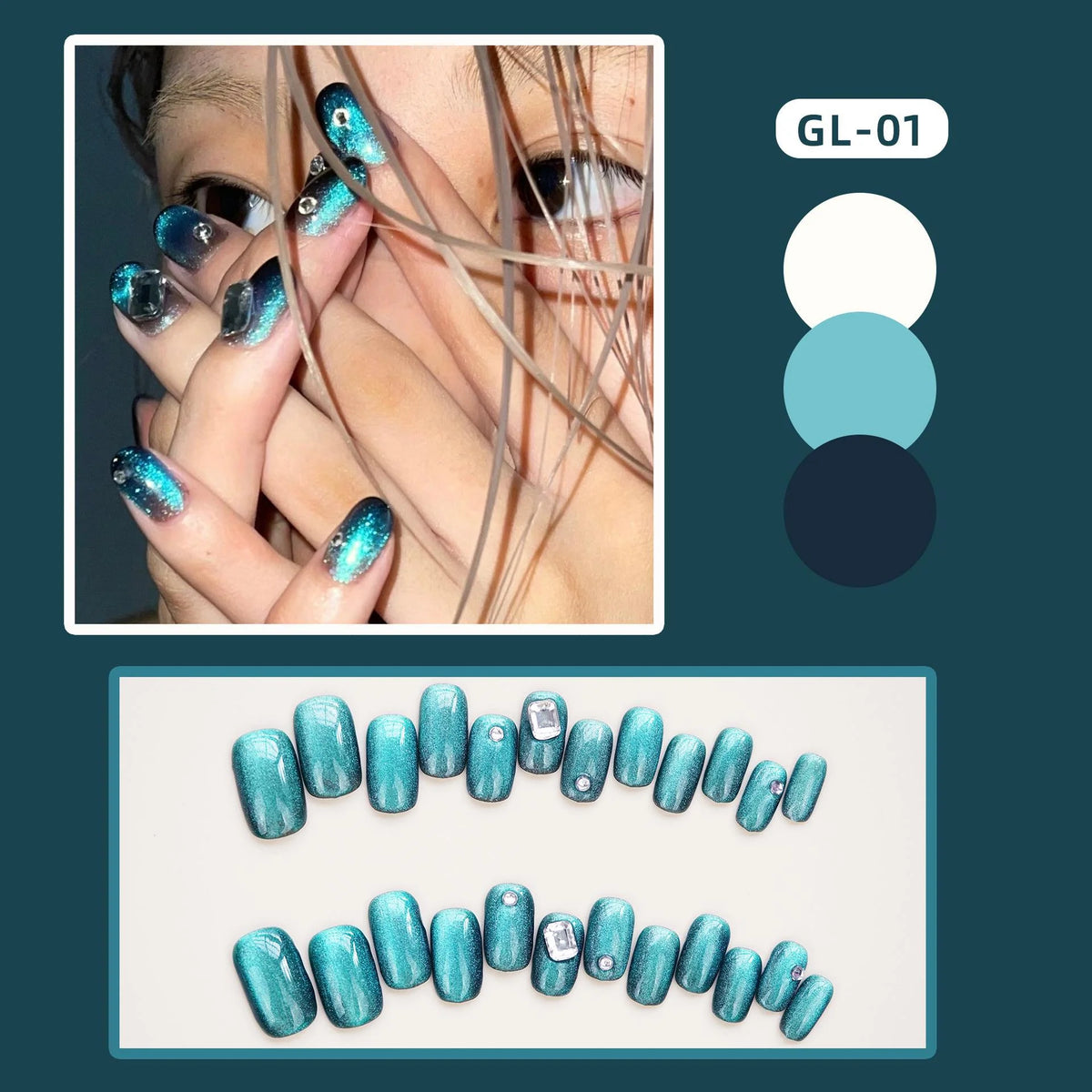 Press-On Nail Set Ombre & Rhinestone Jelly Black Blue