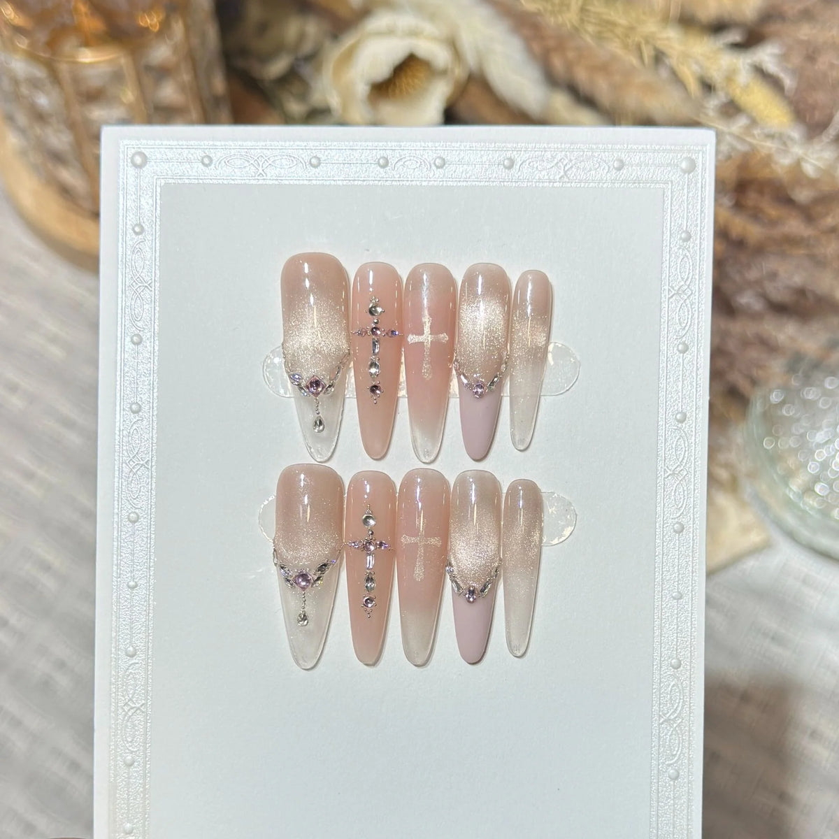 Press-On Nail Set Oval Gradient Ombre Rhinestone Accents