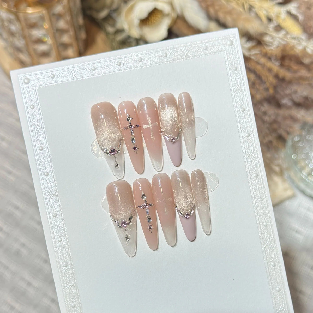 Press-On Nail Set Oval Gradient Ombre Rhinestone Accents