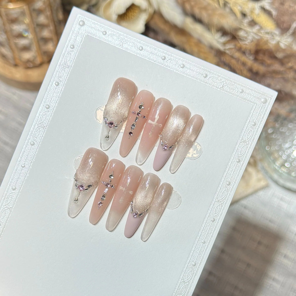 Press-On Nail Set Oval Gradient Ombre Rhinestone Accents