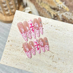 Press-On Nail Set Oval Pink Heart & Bow Multiple Sizes