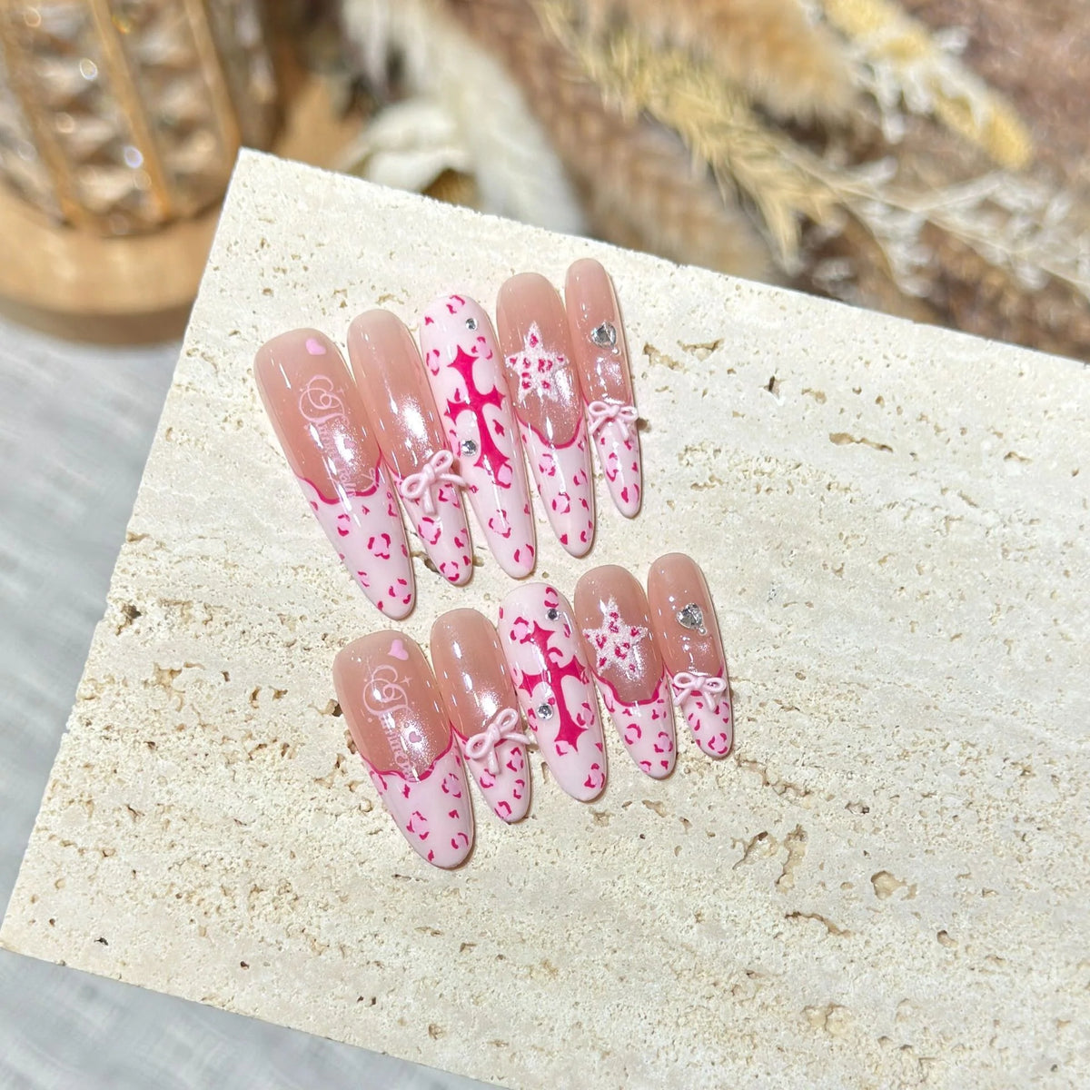 Press-On Nail Set Oval Pink Heart & Bow Multiple Sizes