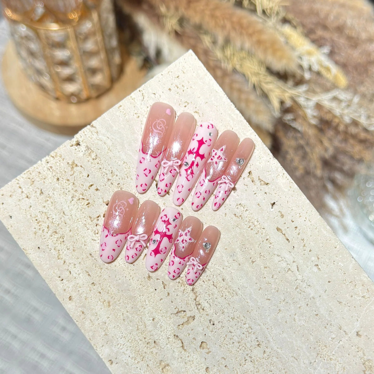 Press-On Nail Set Oval Pink Heart & Bow Multiple Sizes
