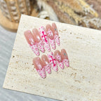 Press-On Nail Set Oval Pink Heart & Bow Multiple Sizes