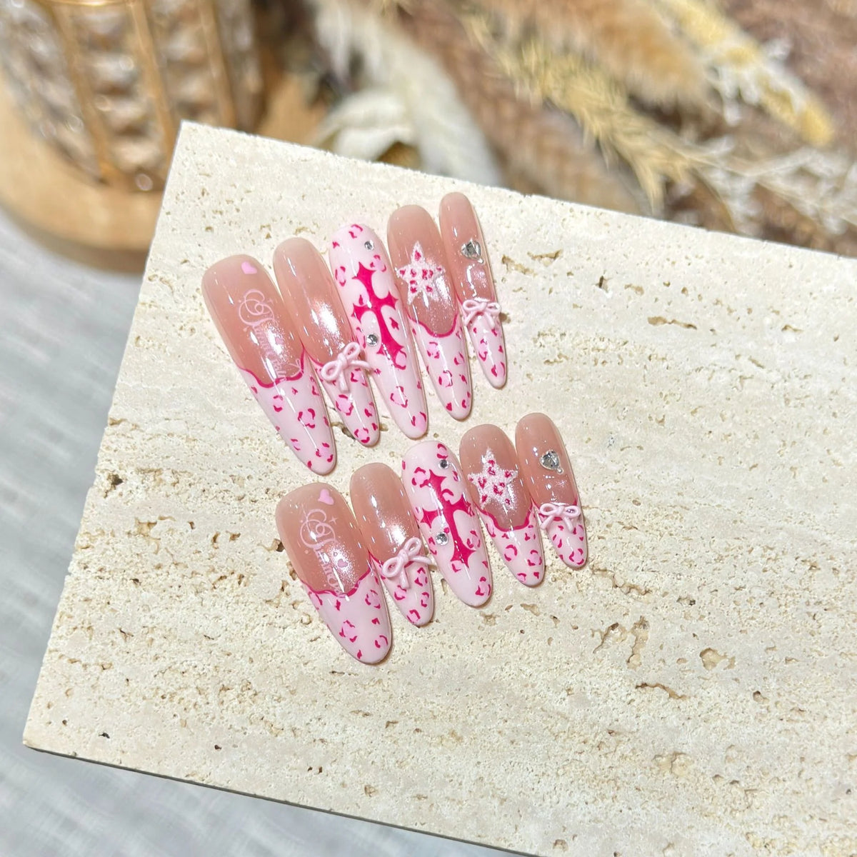 Press-On Nail Set Oval Pink Heart & Bow Multiple Sizes