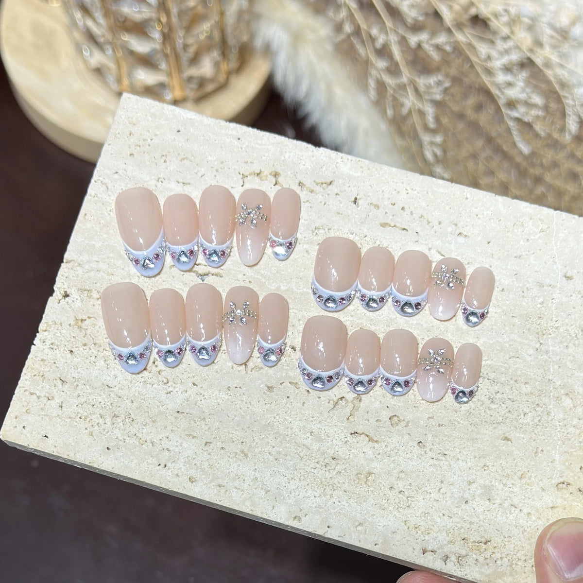 Press-On Nail Set Oval Rhinestone Accents Easy Application