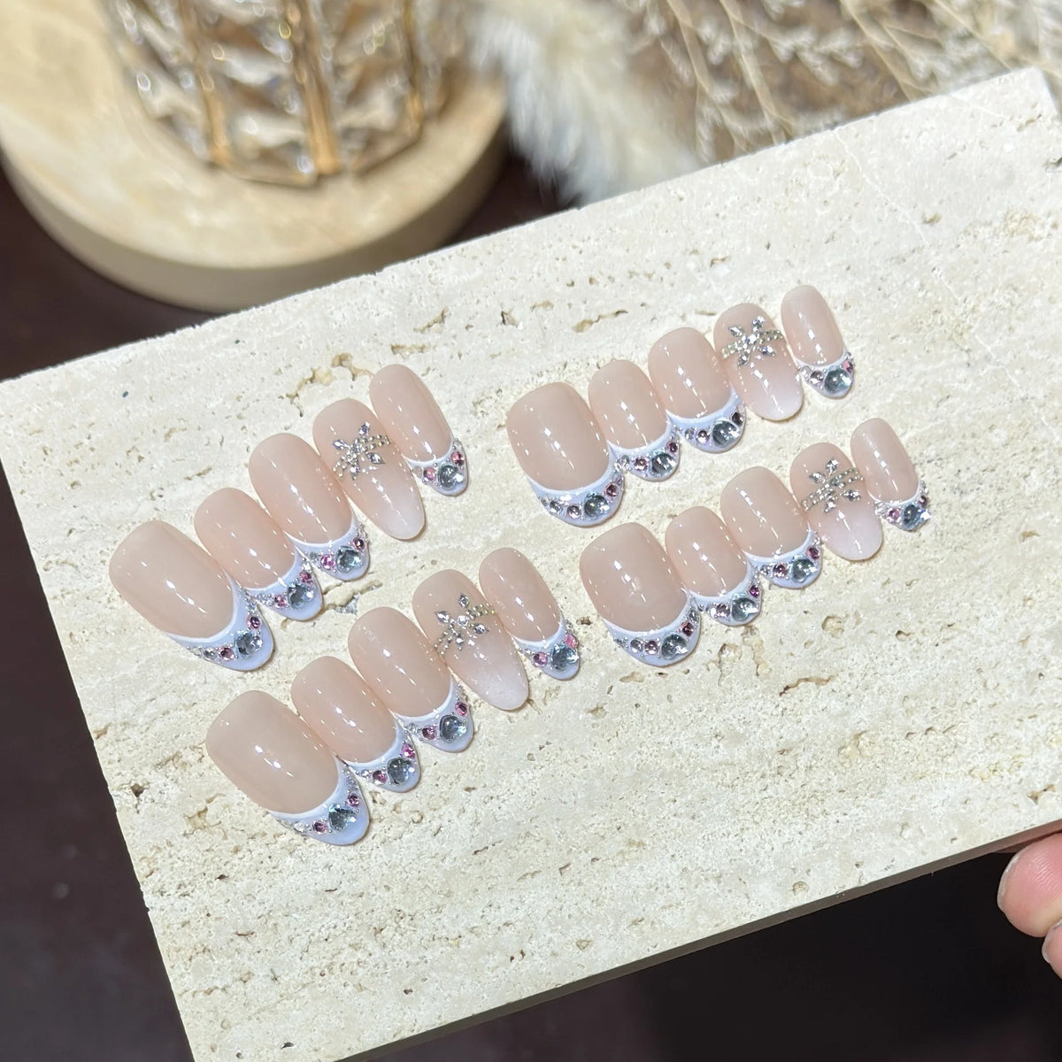 Press-On Nail Set Oval Rhinestone Accents Easy Application