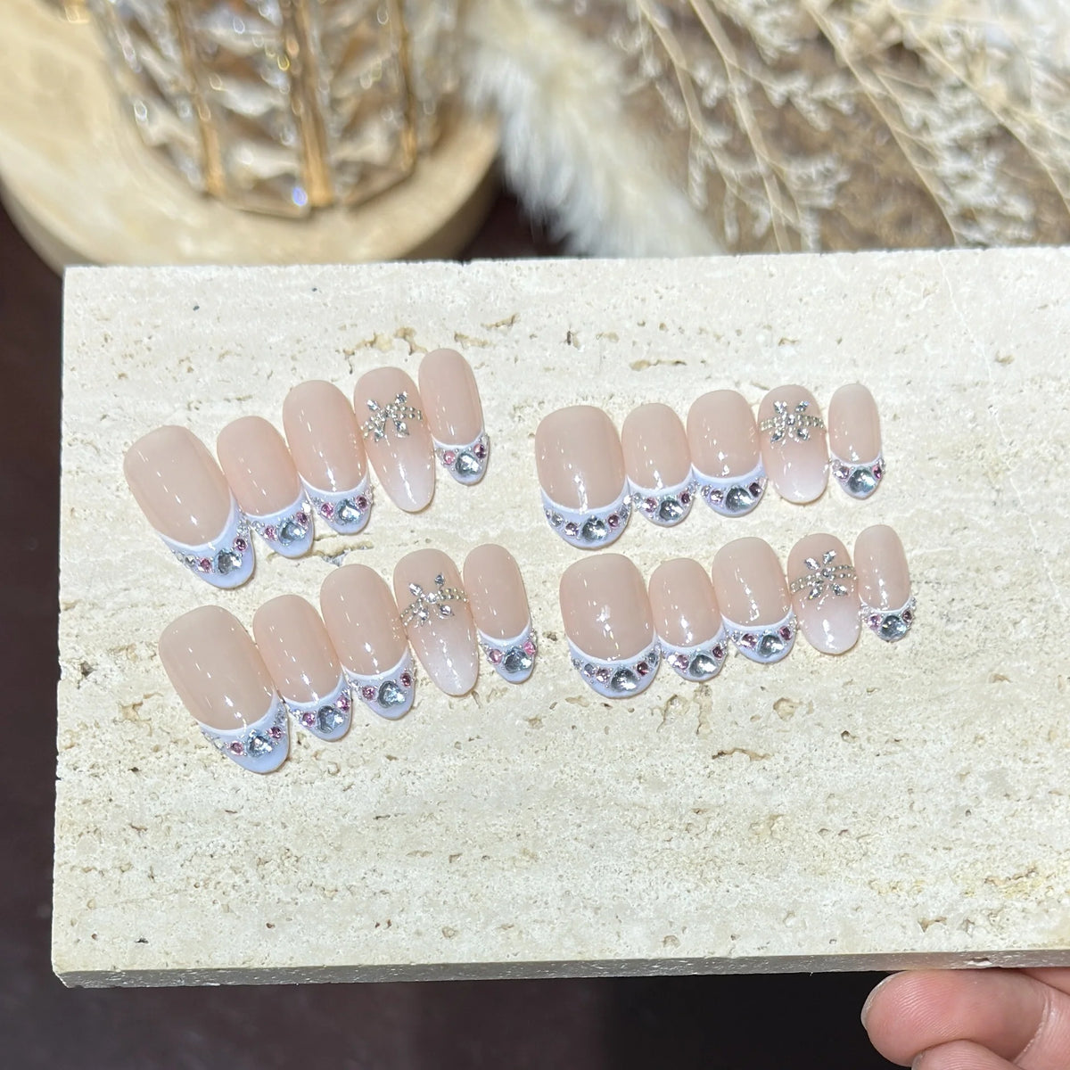 Press-On Nail Set Oval Rhinestone Accents Easy Application