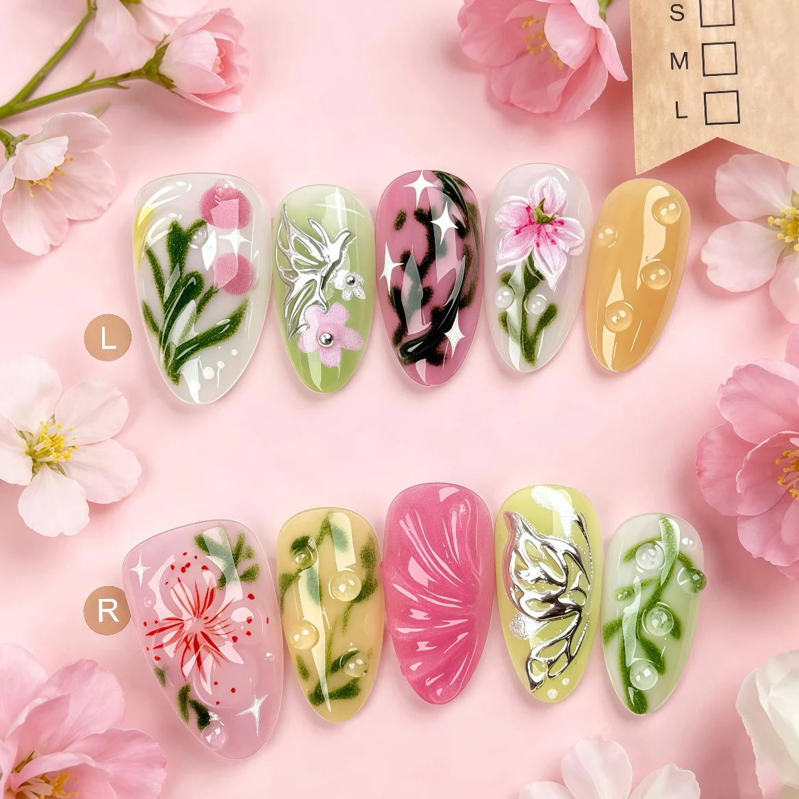 Press-On Nail Set Peach Branch Floral Long-Lasting