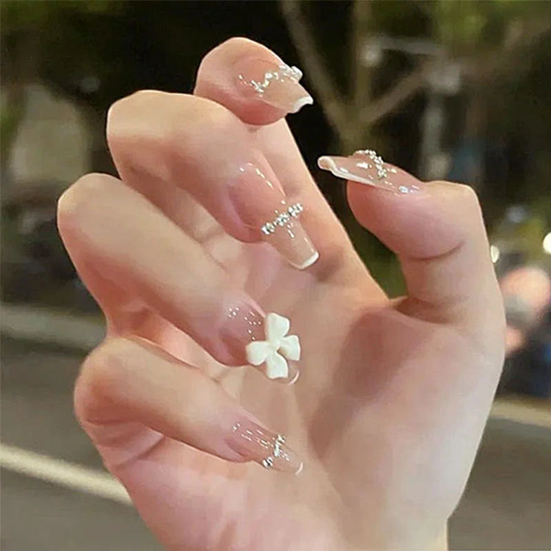 Press-On Nail Set Pearl & Bow Embellished Easy Application