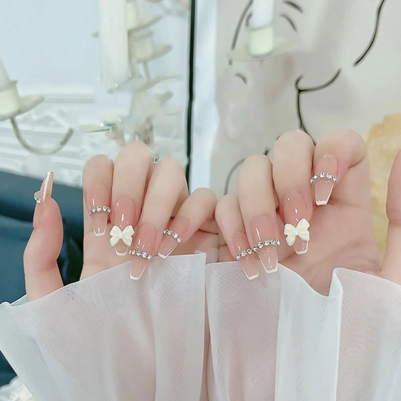 Press-On Nail Set Pearl & Bow Embellished Easy Application