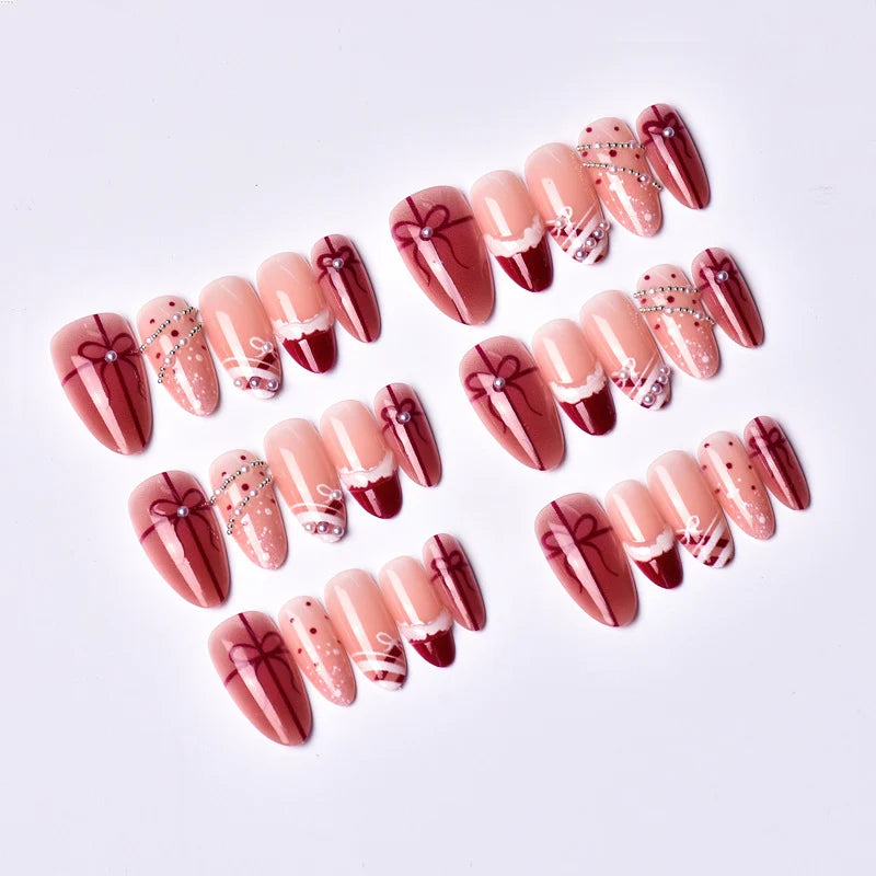 Press-On Nail Set Pearl & Bow Embellished Peel And Stick