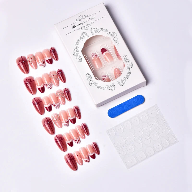 Press-On Nail Set Pearl & Bow Embellished Peel And Stick