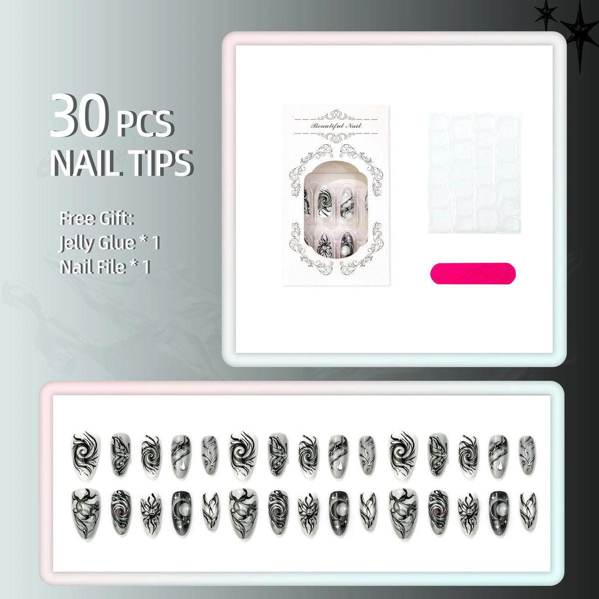 Press-On Nail Set Peel-And-Apply Abstract Designs Multiple Sizes