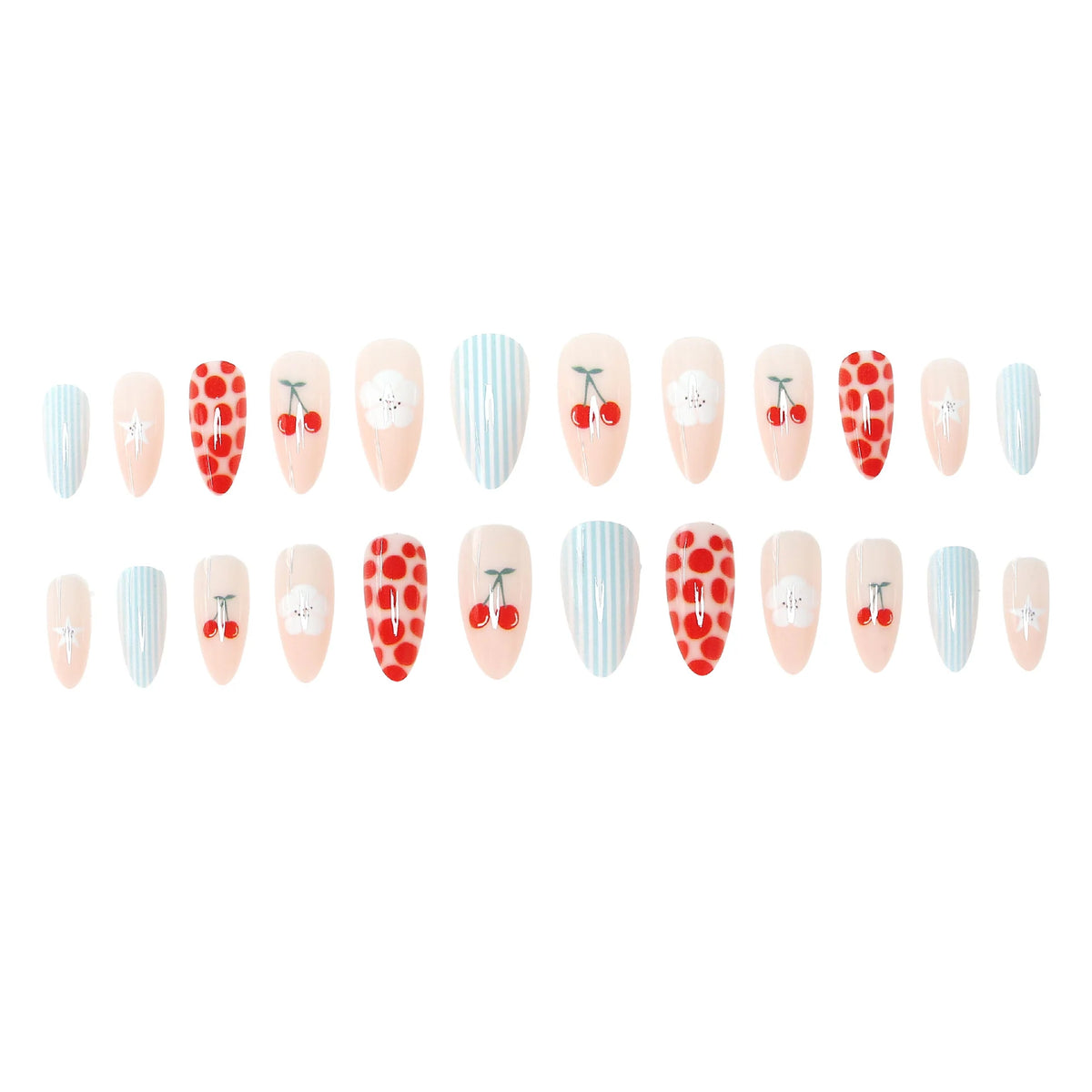 Press-On Nail Set Peel-And-Press Cherry Star Stripe