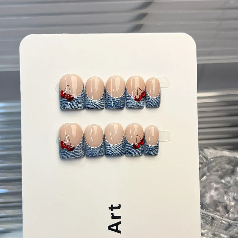 Press-On Nail Set Peel-And-Stick Denim-Inspired Cherry Accents