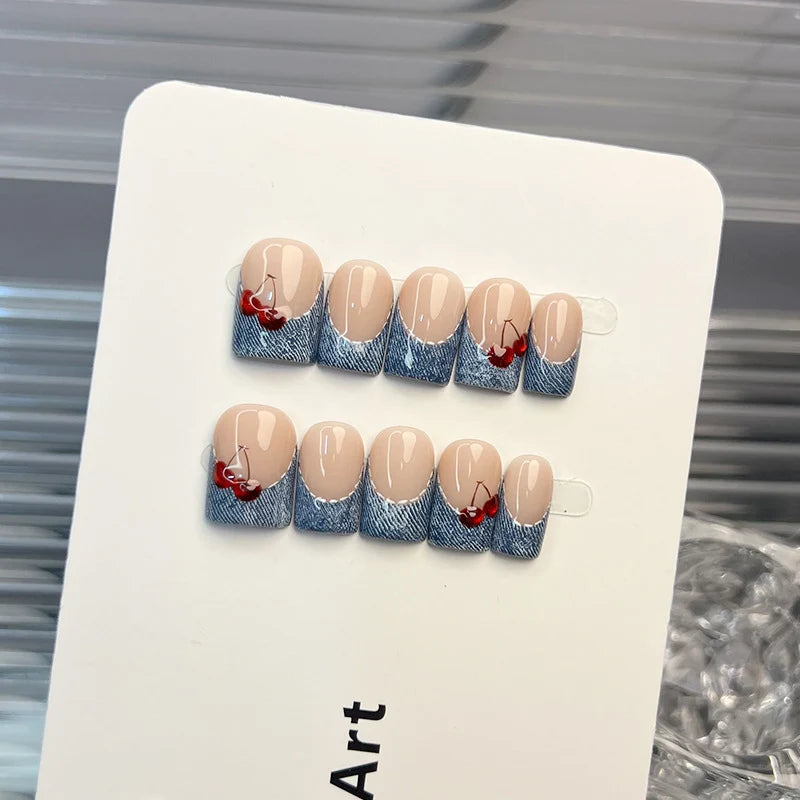 Press-On Nail Set Peel-And-Stick Denim-Inspired Cherry Accents