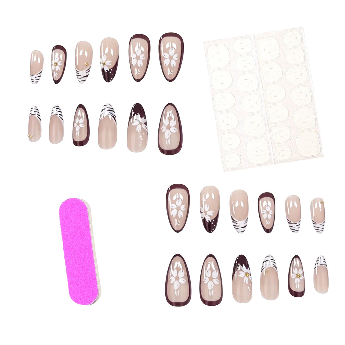 Press-On Nail Set Peel-And-Stick Floral Gems