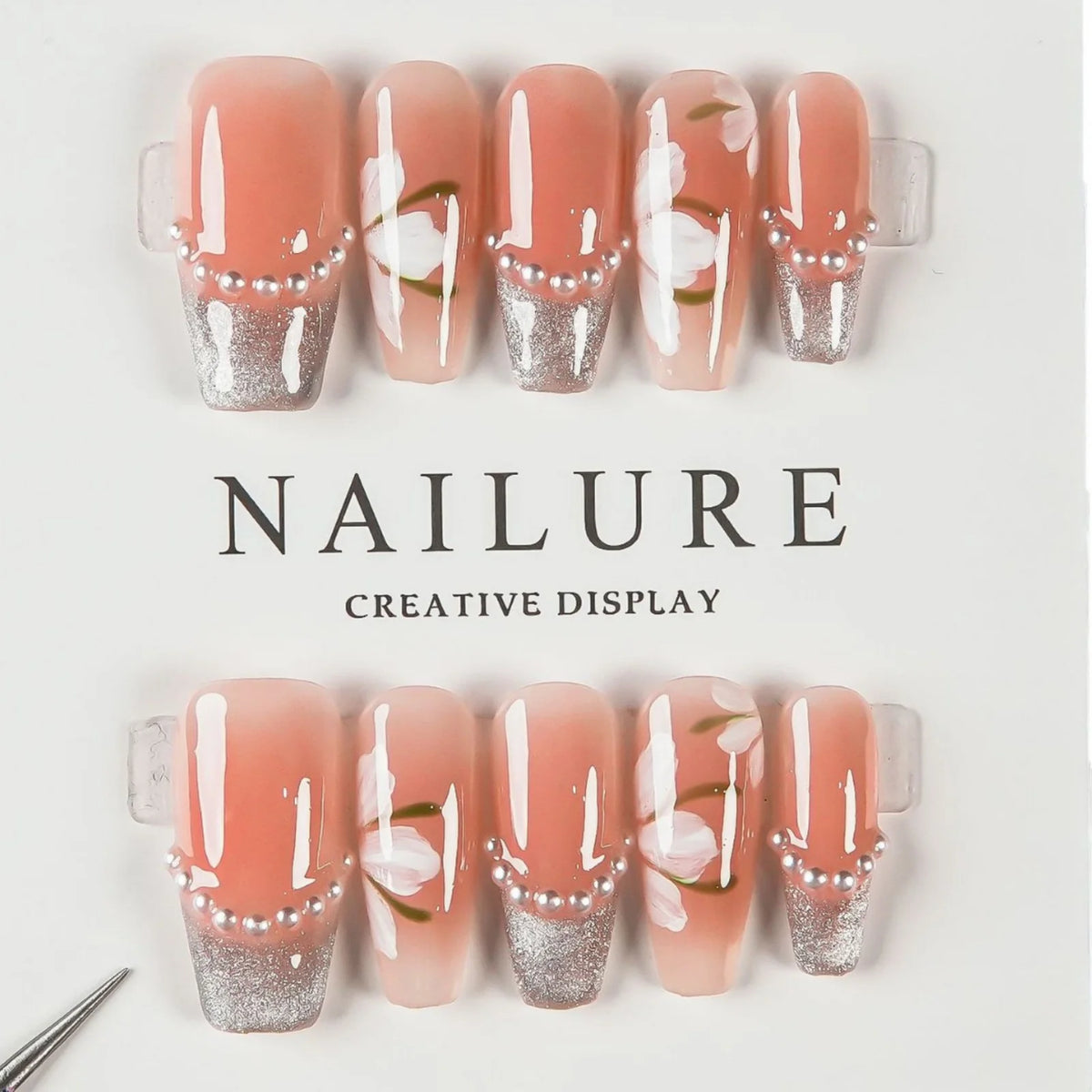 Press-On Nail Set Peel And Stick Floral & Glitter