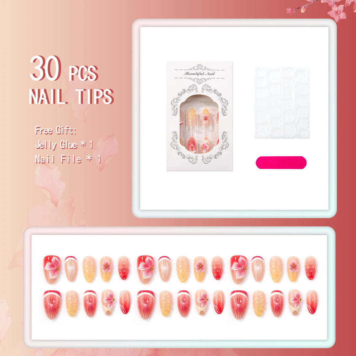 Press-On Nail Set Peel-And-Stick Floral Long-Lasting