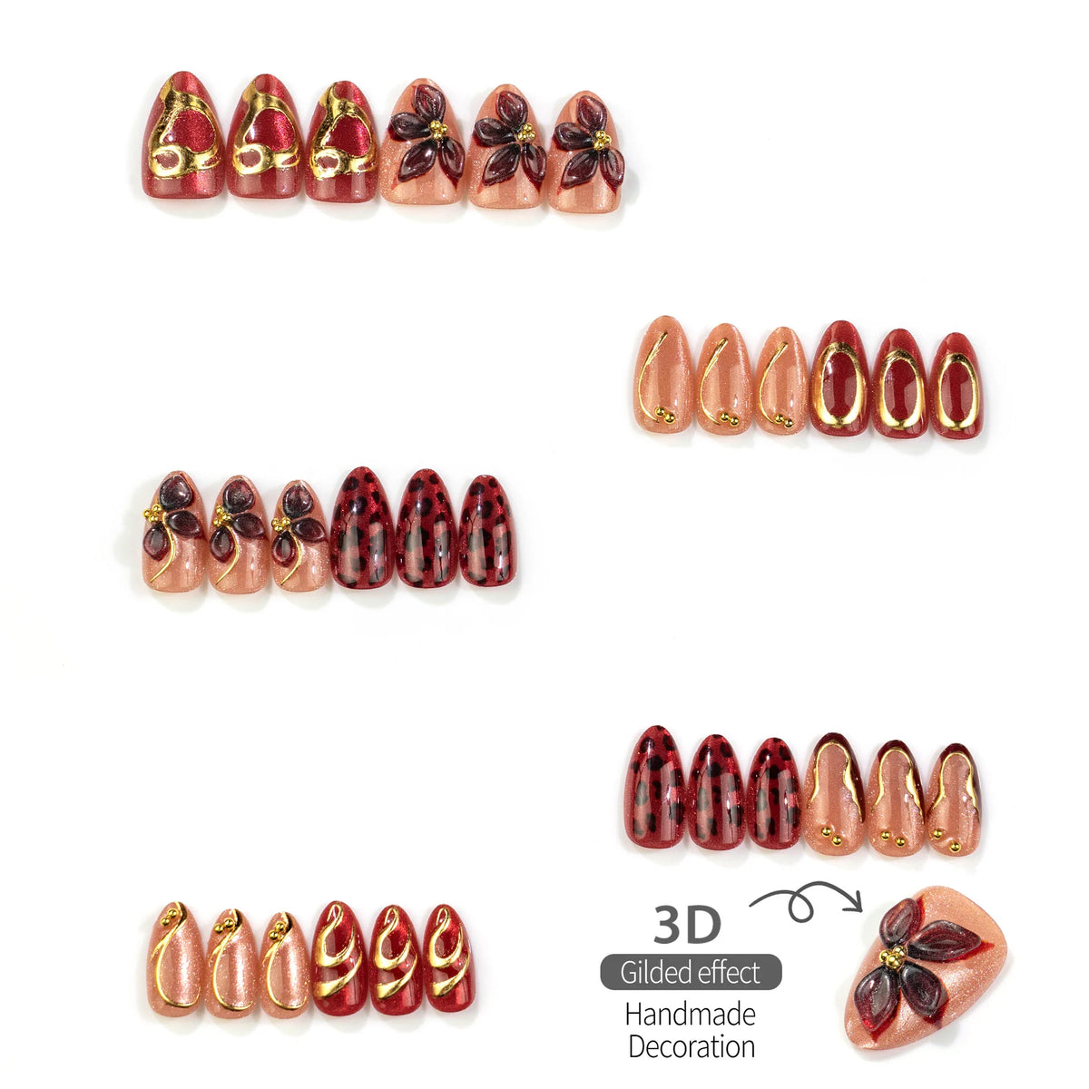 Press-On Nail Set Peel-And-Stick Floral & Metallic Accents