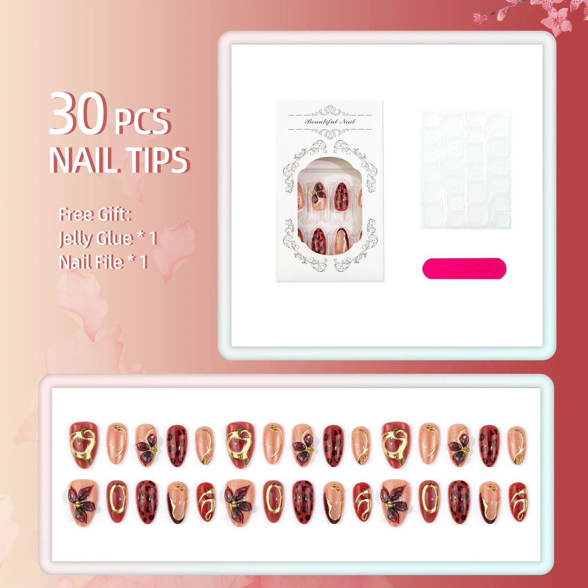 Press-On Nail Set Peel-And-Stick Floral & Metallic Accents