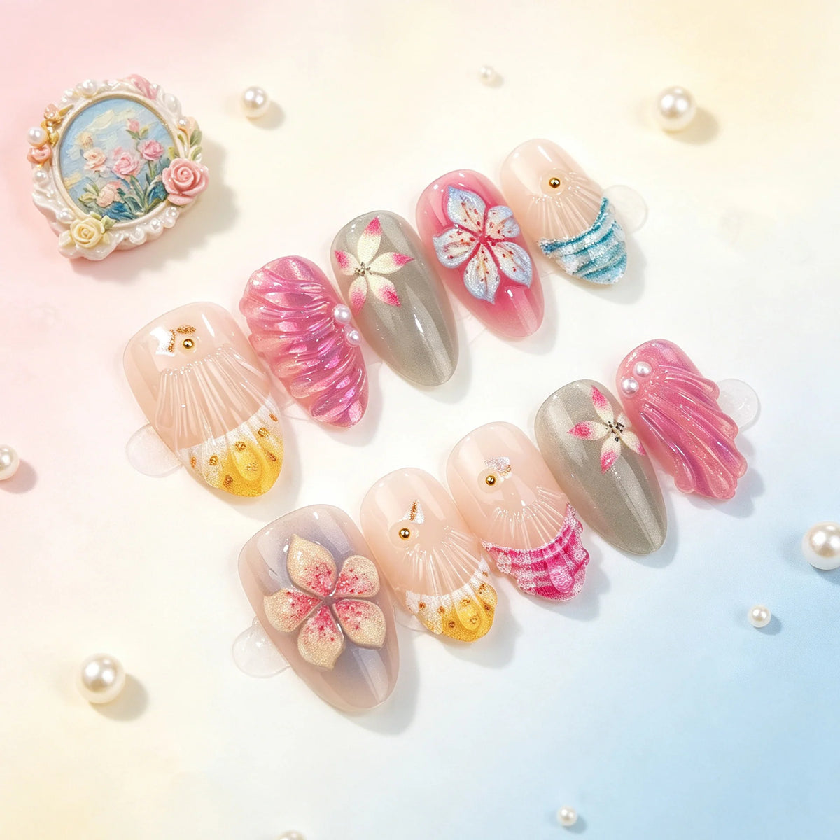 Press-On Nail Set Peel-And-Stick Long-Lasting Floral & Shell