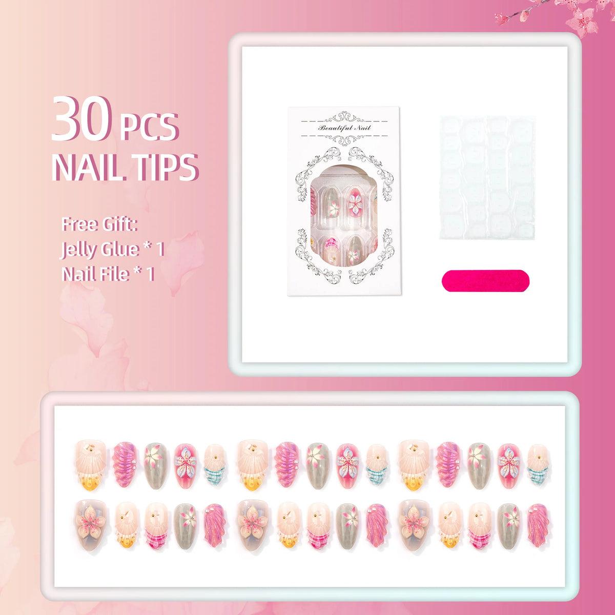 Press-On Nail Set Peel-And-Stick Long-Lasting Floral & Shell