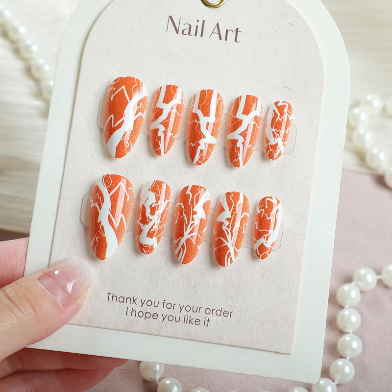 Press-On Nail Set Peel-And-Stick Orange & White Multiple Sizes